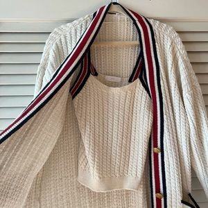 Cable Knit Cardigan with Striped Trim and Matching Tank Top